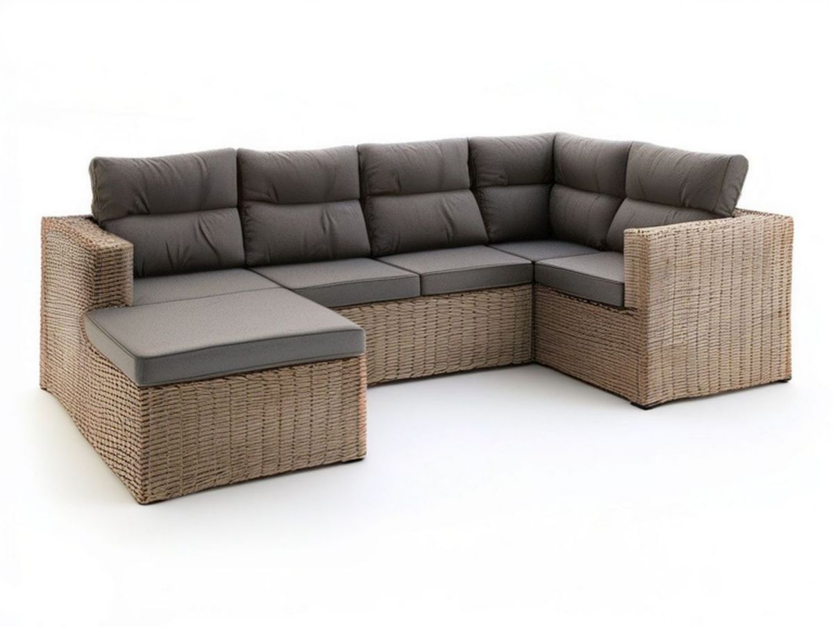 5-Sitzer Rattan-Ecklounge in L-Form, Beige/Anthrazit, 275 x 205 x 85 cm