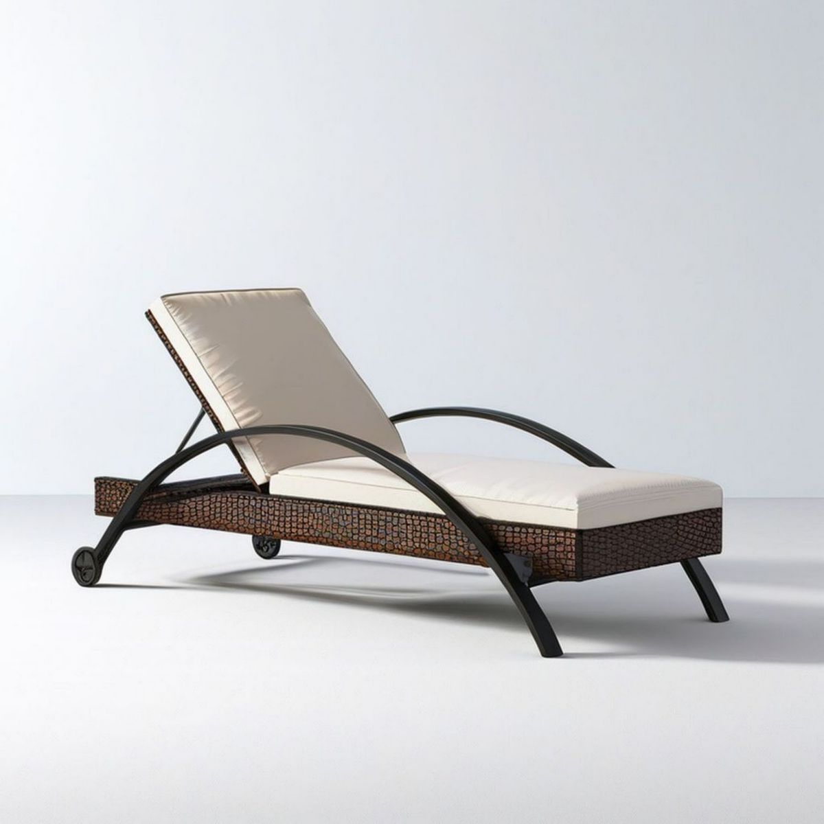 Gartenliege mit verstellbarer Rückenlehne und Rollen, 200 x 70 x 85 cm, Beige/Braun/Schwarz, Stahl und Polyrattan