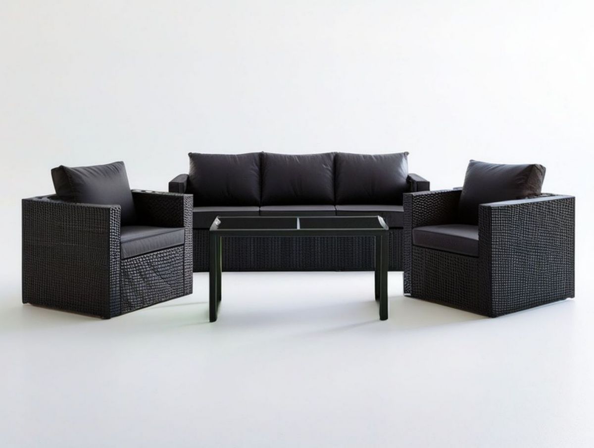 4-teiliges Lounge-Set Schwarz aus PE-Rattan mit Kissen und Glastisch, 3-Sitzer 180 x 65 x 75 cm