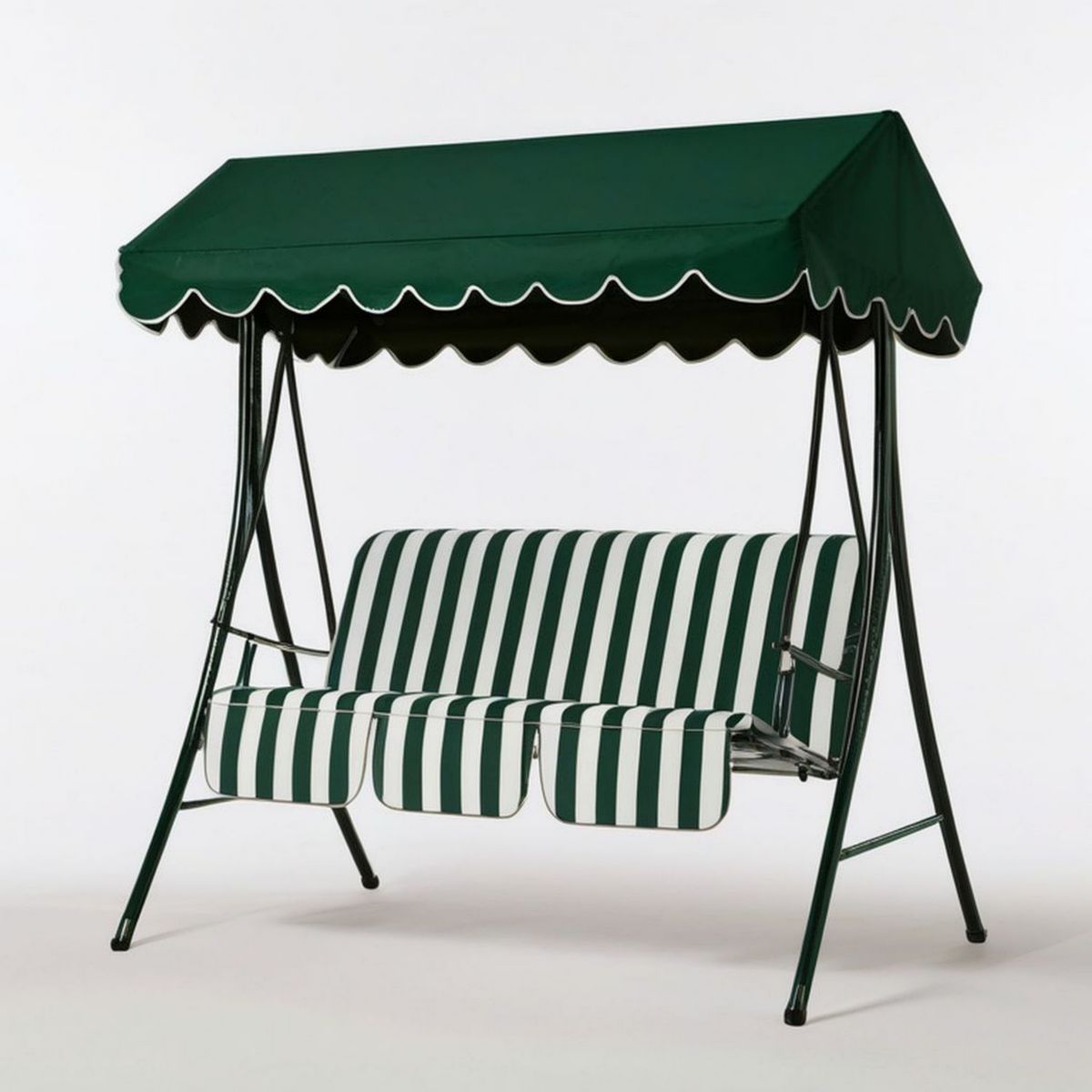 Hollywoodschaukel für 3 Personen mit Sonnendach, 170 x 110 x 153 cm, Dunkelgrün/Weiss, Stahl und Polyester