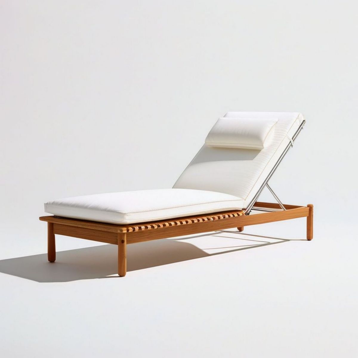 Verstellbare Gartenliege aus Teakholz mit weissen Polyesterpolstern, 200 x 70 x 30 cm