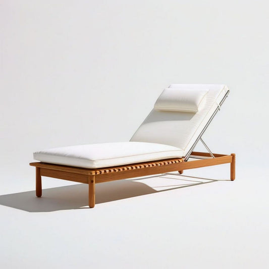 Verstellbare Gartenliege aus Teakholz mit weissen Polyesterpolstern, 200 x 70 x 30 cm