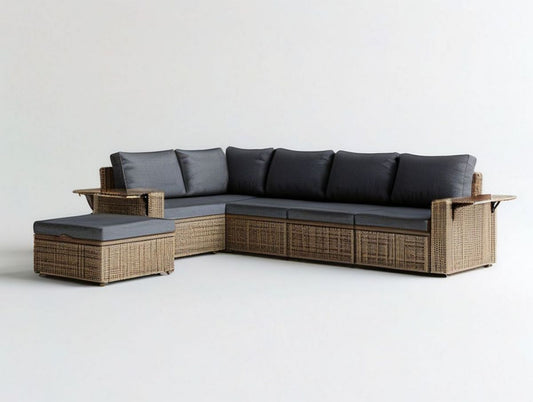 Gartenlounge-Ecksofa mit Hocker, 260 x 200 x 85 cm, Beige/Anthrazit, PE-Rattan