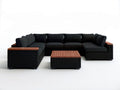 6-teiliges Gartenlounge-Set in U-Form, Schwarz/Braun, PE-Rattan und Akazienholz, 300 x 220 x 70 cm