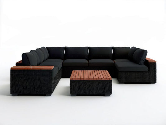 6-teiliges Gartenlounge-Set in U-Form, Schwarz/Braun, PE-Rattan und Akazienholz, 300 x 220 x 70 cm