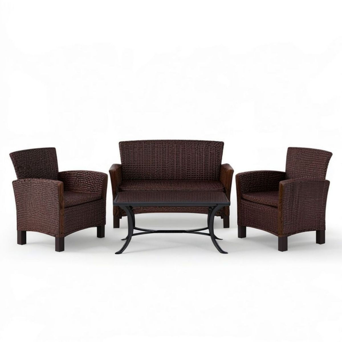 4-teiliges Polyrattan-Loungeset Dunkelbraun/Schwarz mit Sofa, 2 Sesseln und Couchtisch, Sofa 126 x 70 x 82 cm