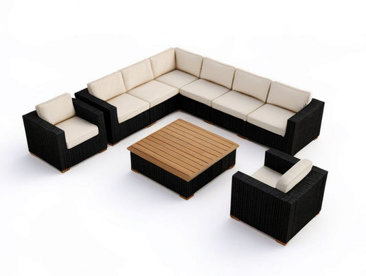 7-teiliges Garten-Loungeset mit Ecksofa, 2 Sesseln und Couchtisch, 240 x 240 x 65 cm, Schwarz/Creme/Braun