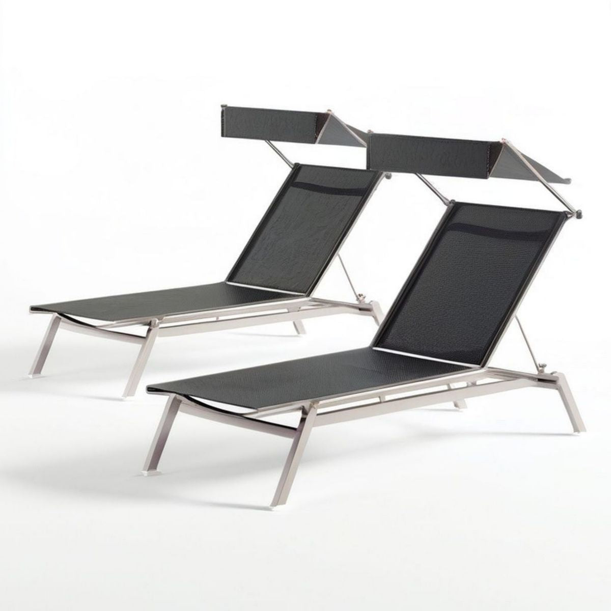 2er-Set klappbare Sonnenliegen mit Sonnendach, Schwarz/Silber, 195 x 60 x 30 cm