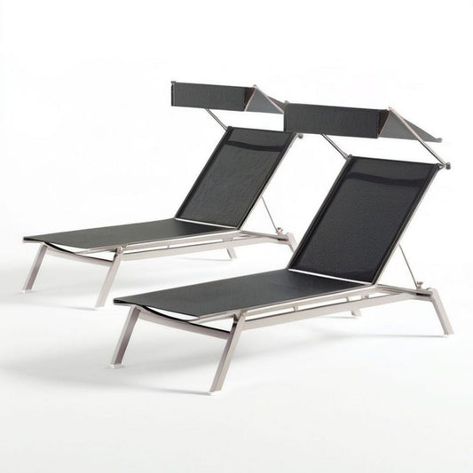 2er-Set klappbare Sonnenliegen mit Sonnendach, Schwarz/Silber, 195 x 60 x 30 cm