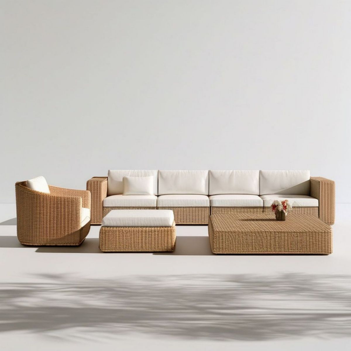 Gartenlounge-Set mit Sofa, Sessel, Hocker und Couchtisch, Naturbeige/Cremeweiss, Sofa 300 x 85 x 72 cm