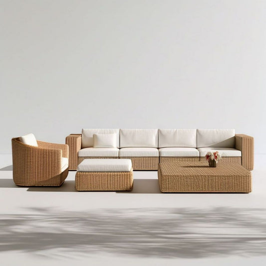 Gartenlounge-Set mit Sofa, Sessel, Hocker und Couchtisch, Naturbeige/Cremeweiss, Sofa 300 x 85 x 72 cm