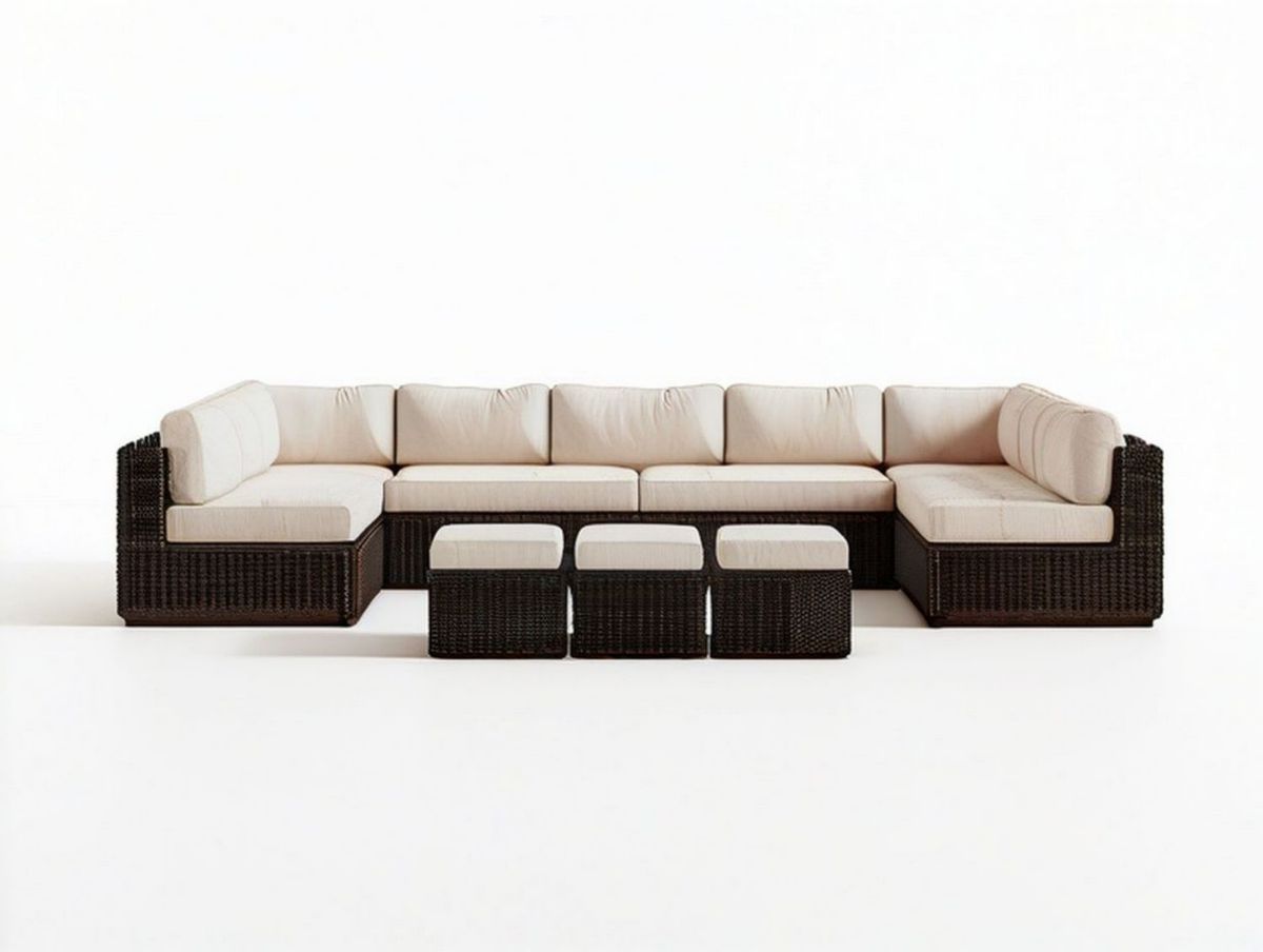 7-teiliges U-förmiges Gartenlounge-Set 300 x 80 x 70 cm aus PE-Rattan und Aluminium, Dunkelbraun/Creme