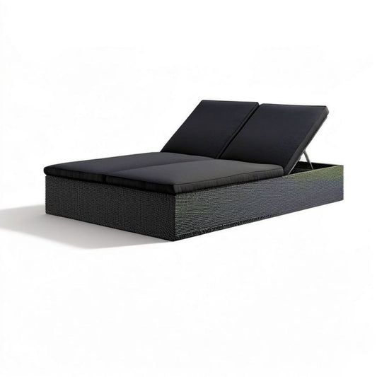 Doppel-Gartenliege aus PE-Rattan, Schwarz, 200 x 140 x 30 cm