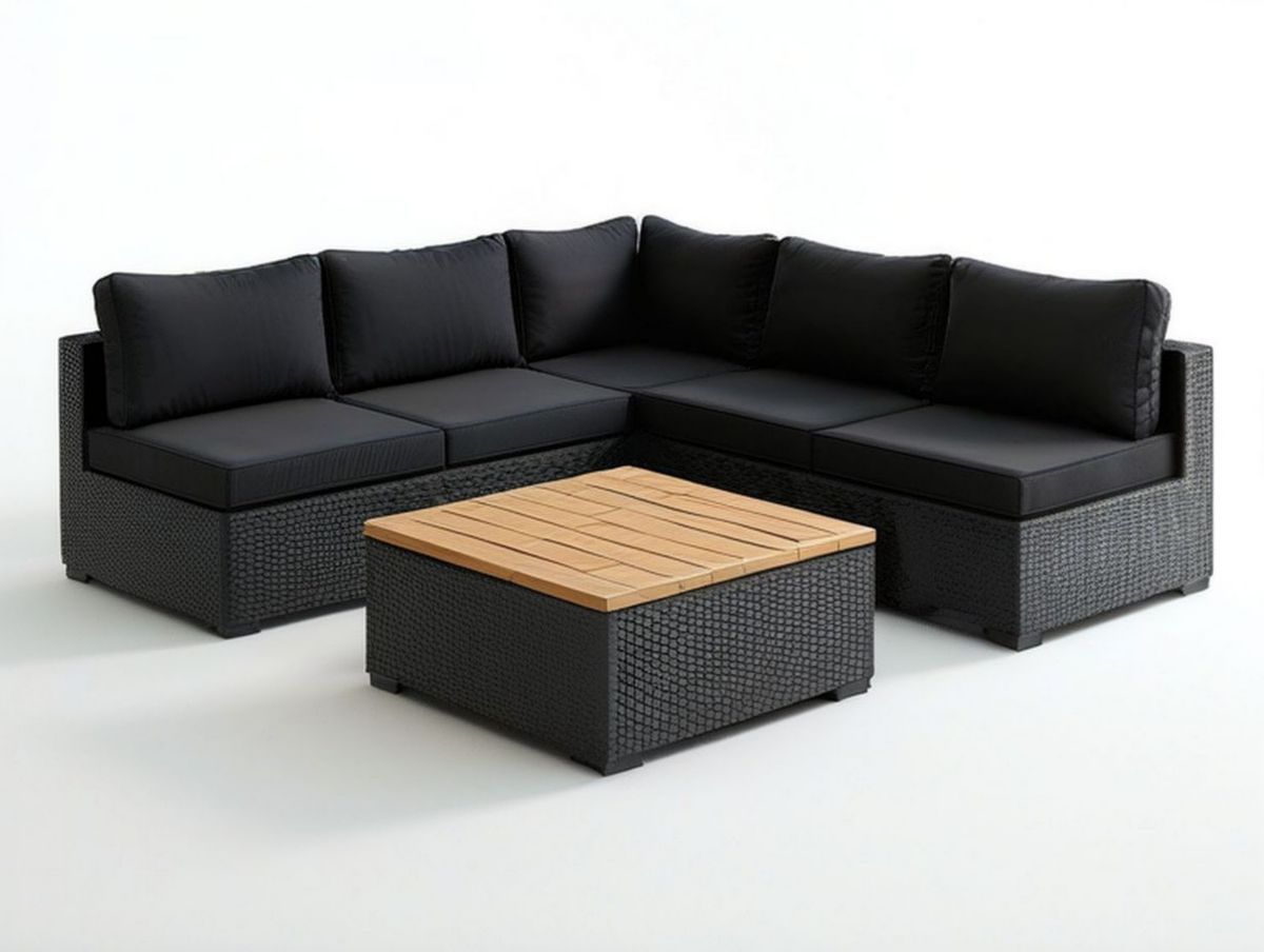 4-teiliges Gartenlounge-Set aus schwarzem PE-Rattan mit Akazienholz-Tisch, 230 x 230 x 65 cm
