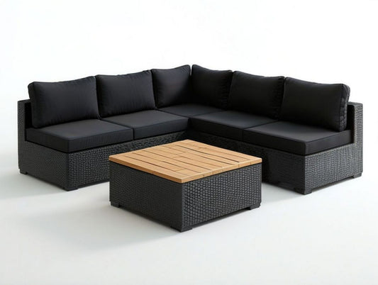 4-teiliges Gartenlounge-Set aus schwarzem PE-Rattan mit Akazienholz-Tisch, 230 x 230 x 65 cm