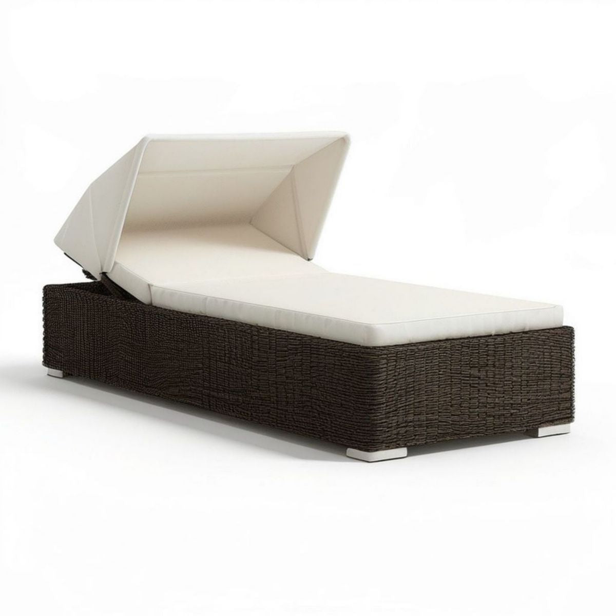 Gartenliege mit klappbarem Sonnendach, 200 x 70 x 100 cm, Dunkelbraun/Cremeweiss, PE-Rattan und Polyester