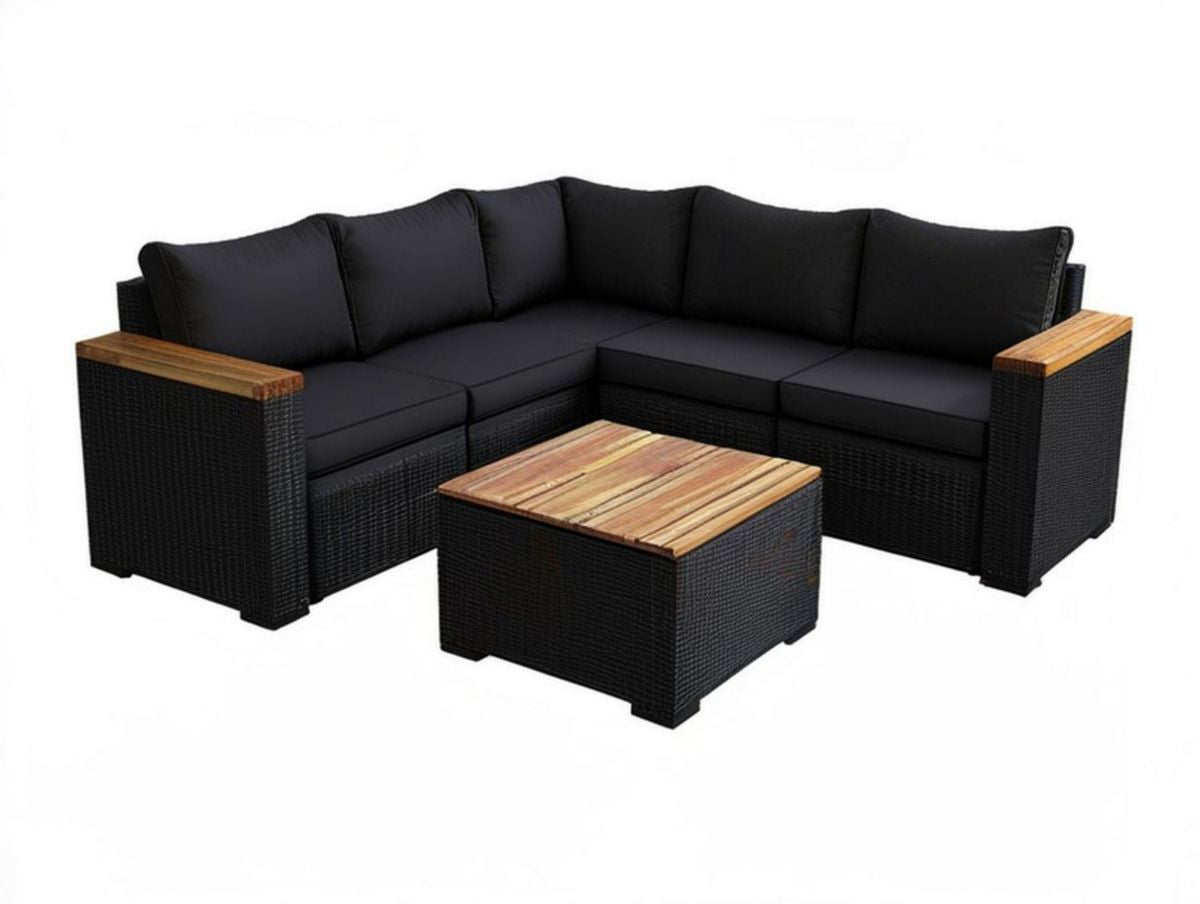 Garten-Lounge-Set in L-Form, 218 × 218 × 76 cm, Schwarz/Natur, mit PE-Geflecht, Akazienholz und Polyesterkissen