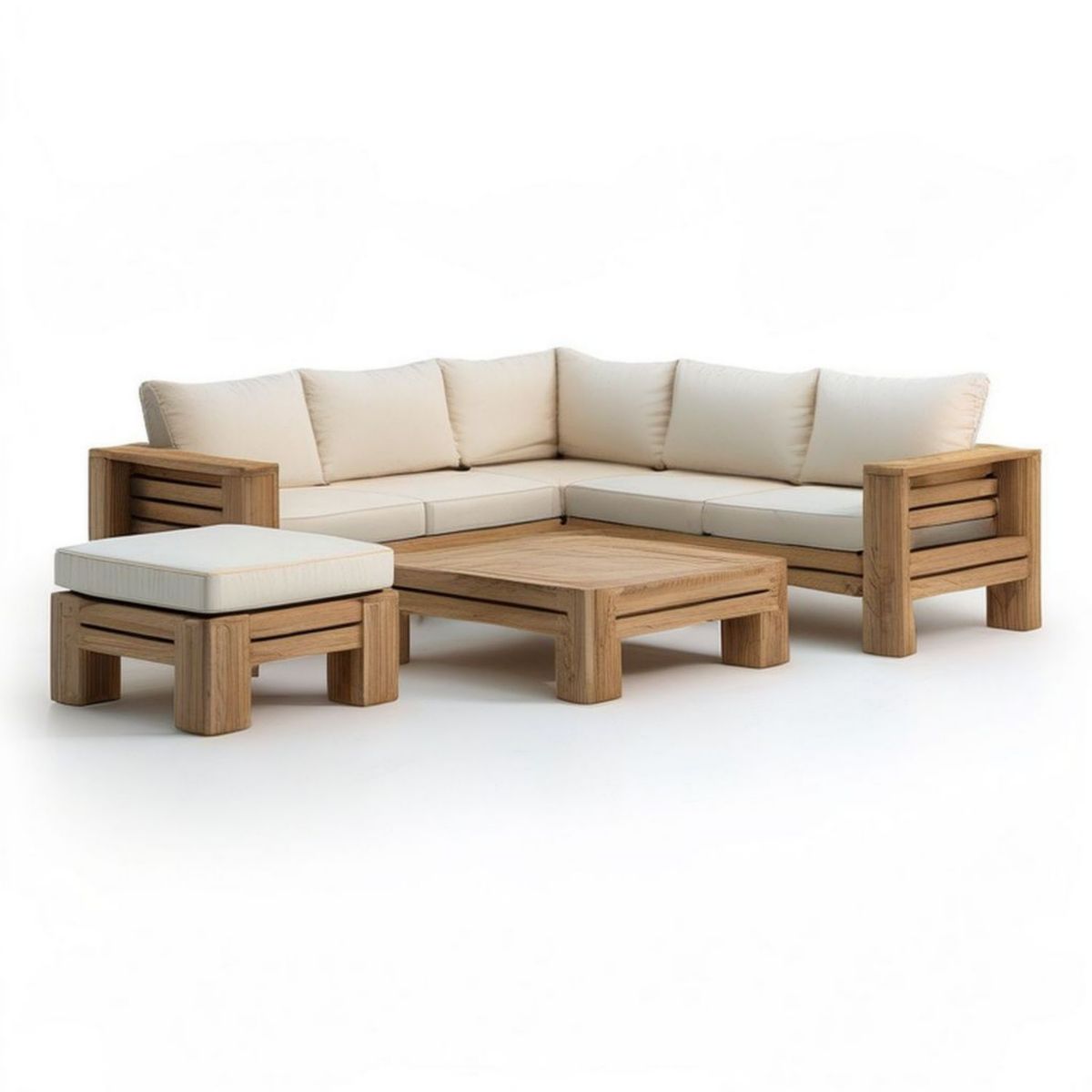 3-teiliges Gartenlounge-Set aus massivem Teakholz in Natur/Creme, 260 x 200 x 75 cm