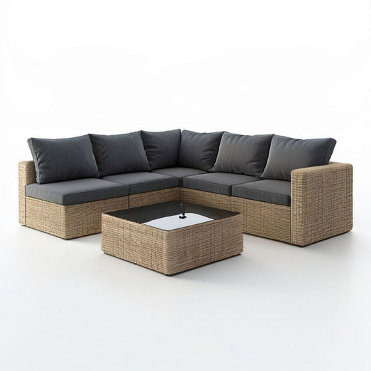 4-Sitzer Gartenlounge in L-Form mit Couchtisch, 210 x 210 cm, Naturbeige/Anthrazit