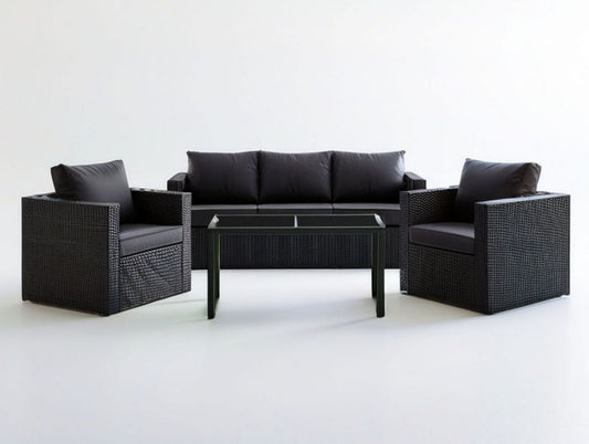 4-teiliges Lounge-Set Schwarz aus PE-Rattan mit Kissen und Glastisch, 3-Sitzer 180 x 65 x 75 cm